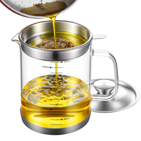 Yiyiring Glass Bacon Grease Container with Strainer Cooking Oil Storage Can Food Strainers with Stainless Steel Filter Lid Silicone Nonslip Pad for Storing Fats Frying Oil Cooking Grease(1.5l / 50oz)