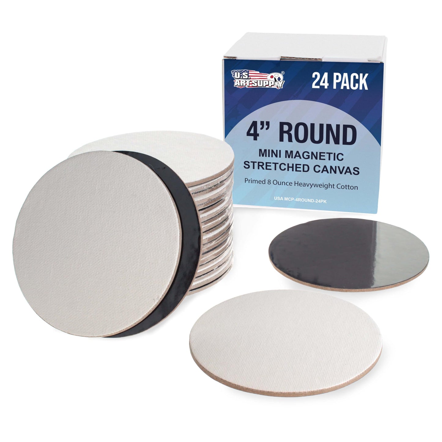 U.S. Art Supply Mini Magnetic Canvas Panels, 24 Pack, 4 Inch Round, Primed 8 Ounce Heavyweight Cotton, Small Canvases for Painting Acrylic and Watercolor, White Square Flat Canvas Boards