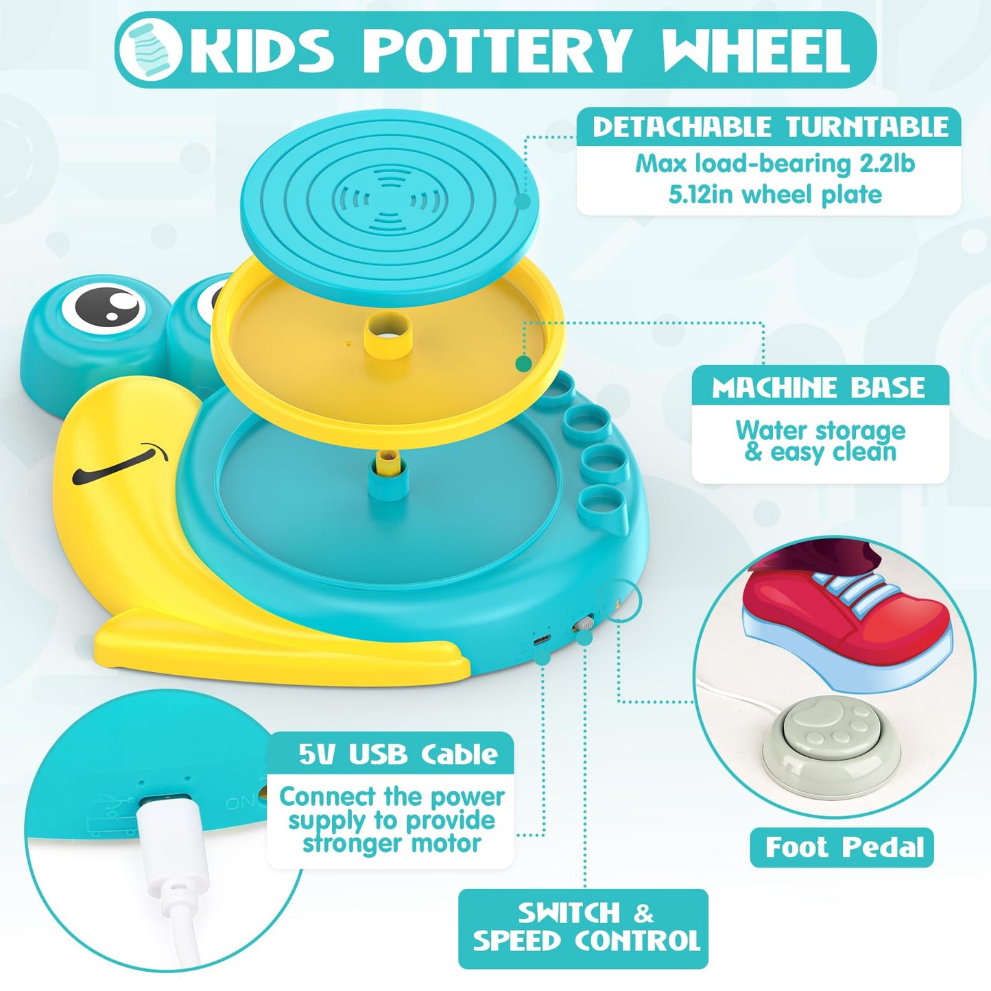 Aujazyble Pottery Wheel for Kids - Complete Art Supplies Arts & Crafts Kit, Crafts for Girls 8-12, Girls Boy Toys Birthday Halloween Christmas Gift for Kids Ages 6 7 8 9 10 11 12+, (Snail)