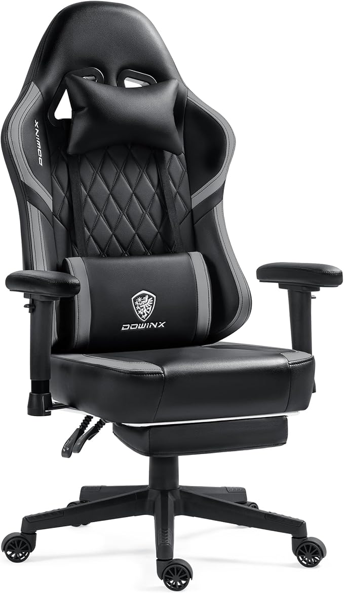 Dowinx Gaming Chair with Pocket Spring Cushion, Massage Gamer Chair Pu Leather with Lumbar Support, Ergonomic Computer Office with Footrest 300lbs for Adult, Black Grey