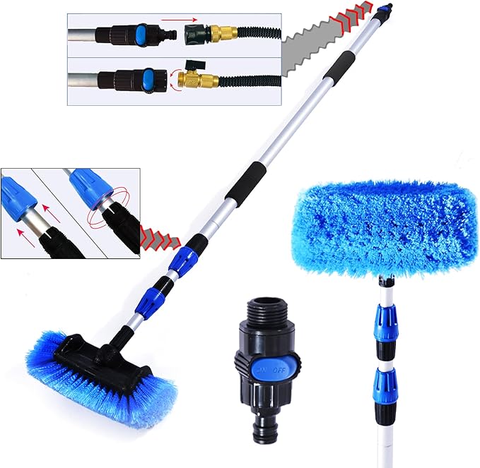 5-12 Foot (20ft Reach) Deluxe Flow Through Car Wash Brush,Long Handle Telescopic Extension Pole Brush; Solar Panel Cleaning Brush; Soft Bristles Head Cleaning RV;Boat;Solar Panel, Deck,Floor