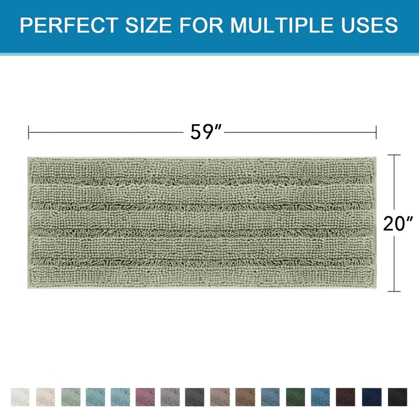 H.VERSAILTEX Bath Rugs for Bathroom Non Slip Bath Mats Thick Chenille Striped Bath Rug Runners 59" x 20" Absorbent Fluffy Soft Shaggy Mats Dry Fast Plush Area Carpet for Bath Room - Eucalyptus Green