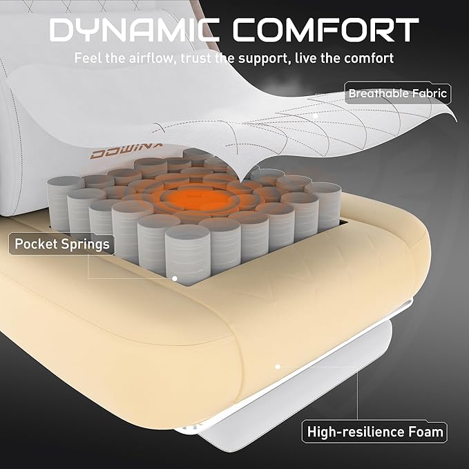 Dowinx Gaming Chair, Fabric Gaming Chairs for Adults with Pocket Spring Cushions and Lumbar Support, Ergonomic Massage Computer Chair with Footrest for Big and Tall, Beige