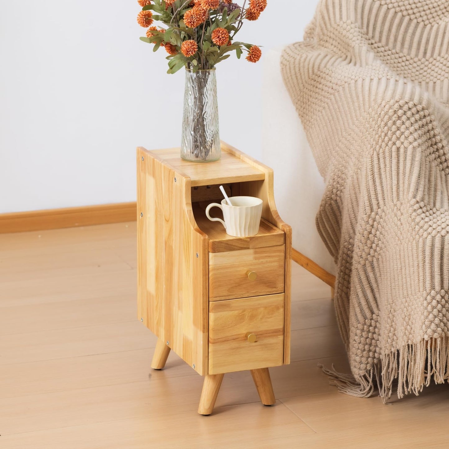 Small Nightstand, Narrow Nightstand, Solid Slim Wood Night Stand for Small Spaces, Couch, Nature Color 7.87in Wide