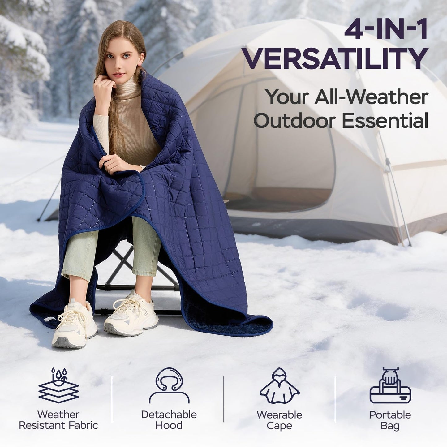 WAPROCOZ Waterproof Camping Blanket - Cozy Coral Fleece Lining, Triple Layers Warm Comfy Foldable for Camping Stadium, Beach, Picnic, Grass, Concerts, Car, Dog, 51''X 70'' Navy Blue