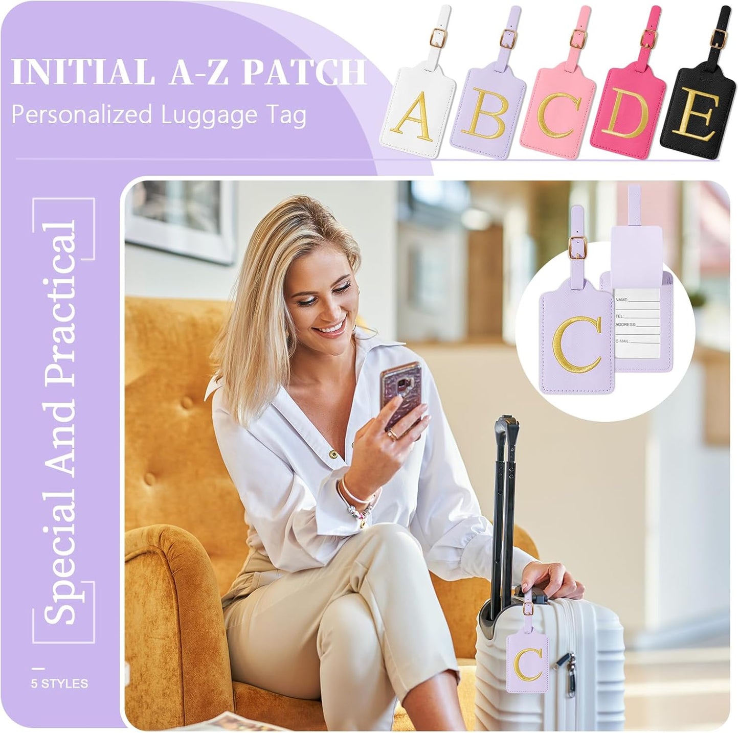 Personalized Initial Luggage Tags for Suitcase, Purple Leather Cute Luggage Tags with Privacy Cover Name Card, Embroidered Custom Monogrammed Luggage Tag Travel Backpack Tags Gifts for Women Kids(C)
