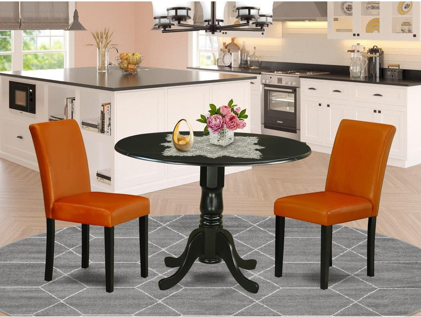 East West Furniture DLAB3-BLK-61 3 Piece Kitchen Table & Chairs Set Contains a Round Dining Room Table with Dropleaf and 2 Baked Bean Faux Leather Upholstered Chairs, 42x42 Inch, Black