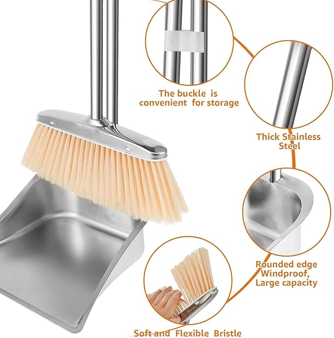 Floor Cleaning Set – Stainless Steel Broom and Long Handle Dustpan, Upright Sweeping Tool, Durable Cleaning Kit | Home, Apartment, Living Room, Bedroom, Office, Garage, Bathroom, Patio, Restaurant