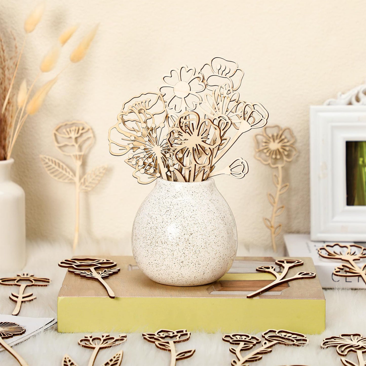 RattanView 36 Pcs Wooden Wildflower Decor Set Wood Flowers Cutout Signs Wildflowers Stems Laser Cut Flowers for Home Birthday Holiday Art DIY Decoration