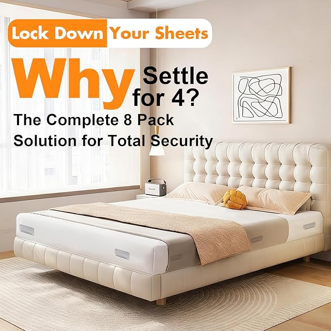 8 Pack Upgraded Lock Sheet Holders, Bed Sheet Grippers & Clips for All Mattresses, Easy Install Keeps Sheets Tight