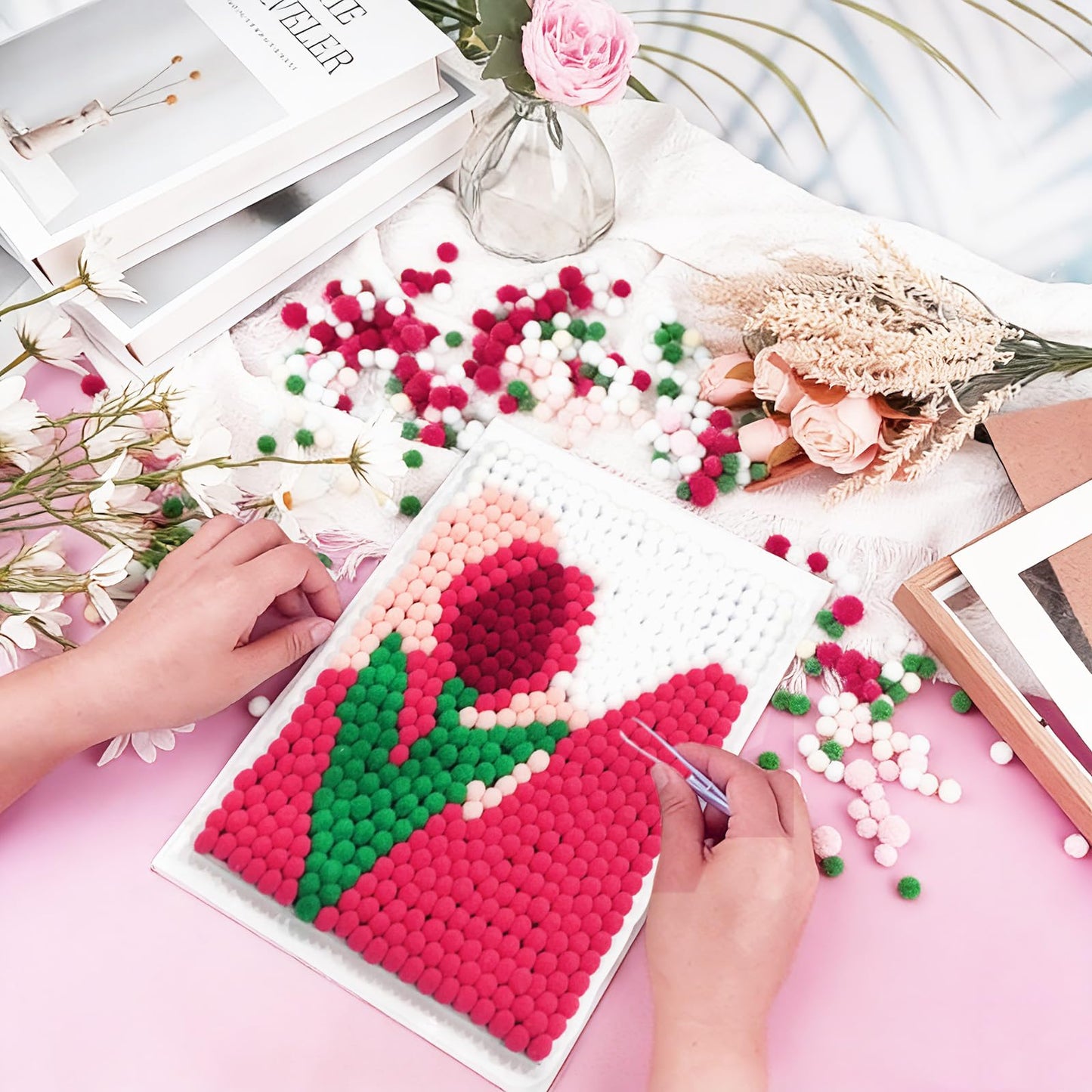URSDIART Tulip Pom Pom Art Kit for Adults,Perfect Pompom Arts and Crafts Painting Kit,Colorful 1000+ Pom Poms and Supplies Included,Creativity DIY Pom Pom Paintings Project Supplies