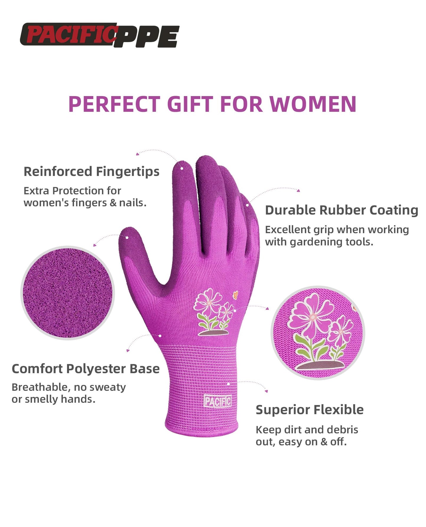 PACIFIC PPE 3 Pairs Gardening Gloves for women, Rubber Coated Garden Gloves, Ladies Yard Work Gloves, Breathable, Purple & Yellow & Red, Medium