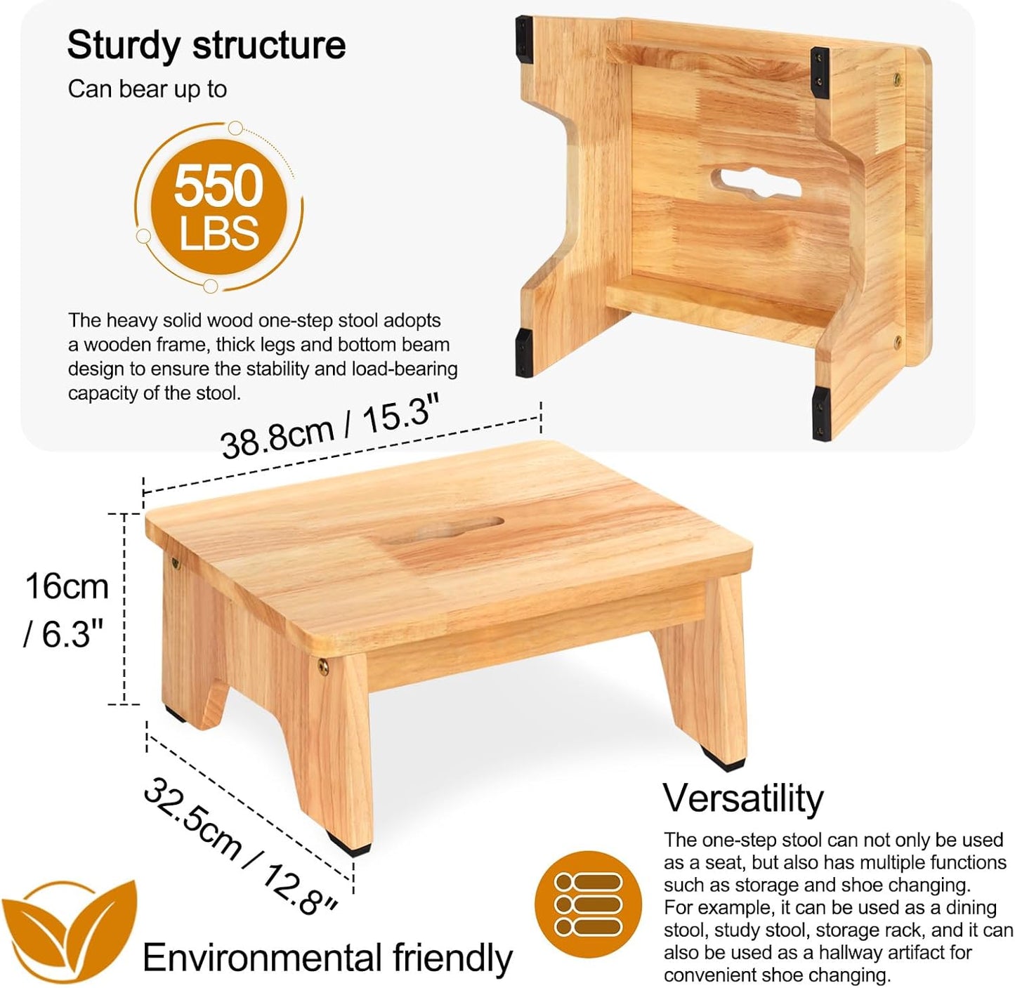 One Step Stool for Adults Seniors, 6.5" Heavy Duty Wooden Stepping Stools with 550 LBS Capacity for Bedroom Kitchen Bathroom, Bed Steps for High Beds, Bedside Support
