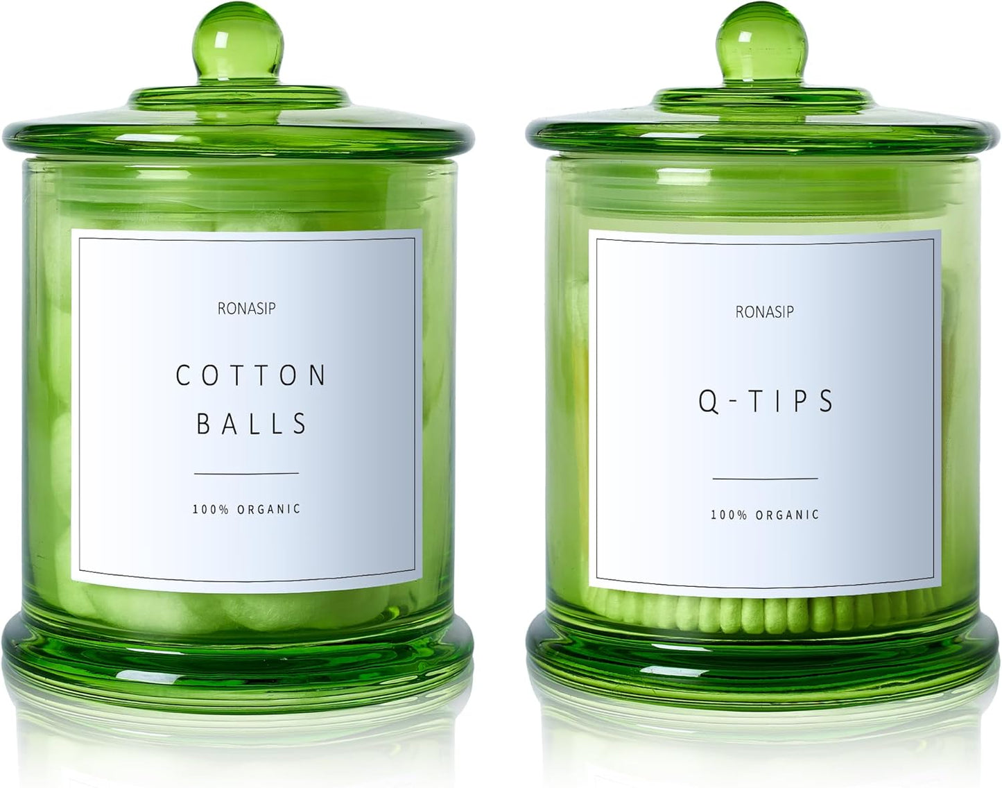 Qtip Holder & Cotton Pad Dispenser, Bathroom Organizer and Storage Canisters, 16oz Glass Apothecary Jars for Kitchen, Restroom - Home Decor Accessories, Room Decor Aesthetic (2 Pack, Green)