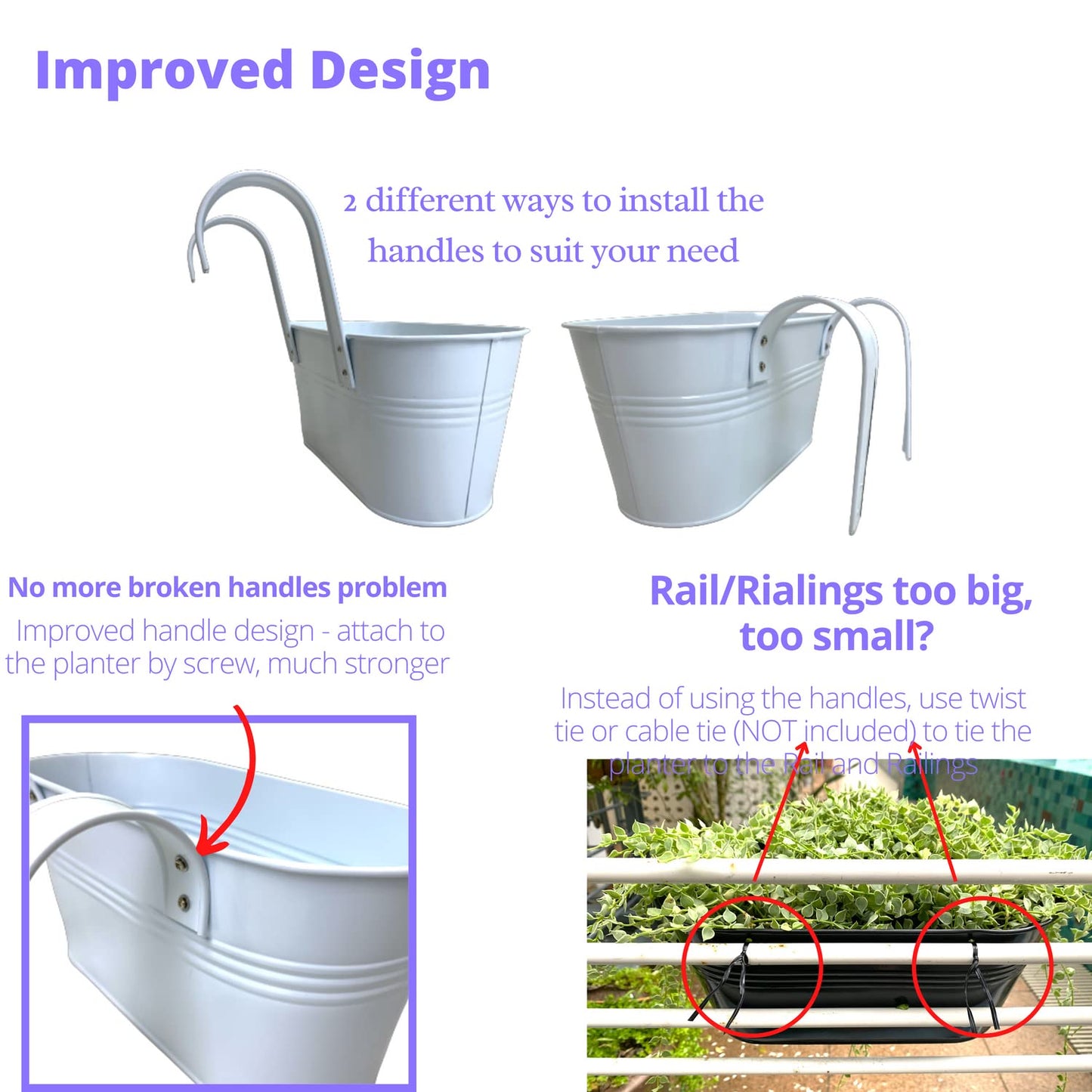 LaLaGreen Rail Planters for Outdoor (2 Pack, 11.2 Inch) White Metal Iron Hanging Flower Pots, Strawberry Planter Deck Railing Fence Bucket Wall Mount Window Box Plant Holder with Hooks Porch Decor