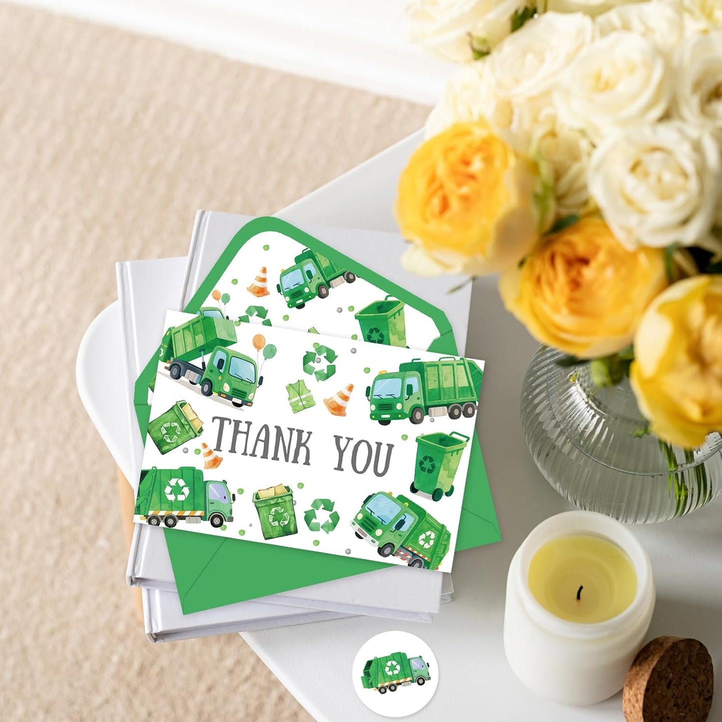 Whaline 24Pcs Garbage Truck Thank You Cards Green Trash Truck Note Cards with Envelopes Stickers Blank Greeting Card for Birthday Baby Shower, 4 x 6 Inch