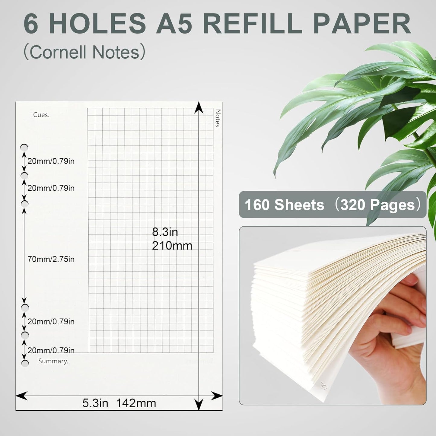 Toplive Cornell A5 Filler Paper, A5 Refill Papers 6 Ring Cornell Notes Loose Leaf Papers, 160 Sheets Refillable Inserts Paper Notes Taking System for Office School College Study