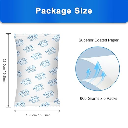 Large Desiccant Packs, 5 Packs 600 Gram Silica Gel Packets Reusable, Dehumidifier Packs for Car Desiccant, Large Moisture Absorbers for Car, Safe, 3D Filaments, Basement Garage