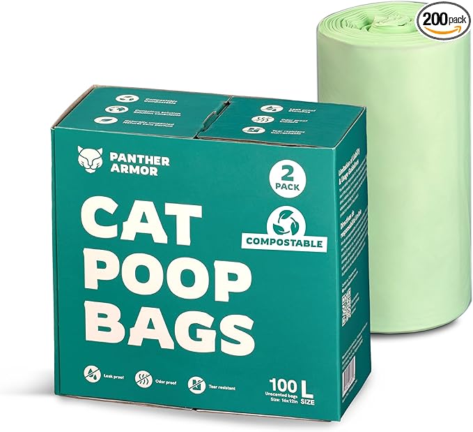 Panther Armor Litter Bags - 200x Unscented Compostable Cat Poop Bags 16x12in- Kitty Leak Proof Box Trash, Odor Proof Litter Disposal Bags