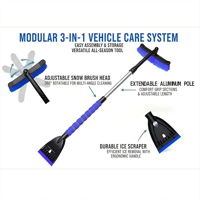 Snow Brush and Ice Scrapers for Car Windshield, 360° Pivoting Brush Head Detachable Snow Scrapers with Ergonomic Foam Grip;36inch Extendable Snow Brushs for SUV and truck SUV,Blue,Car Accessories