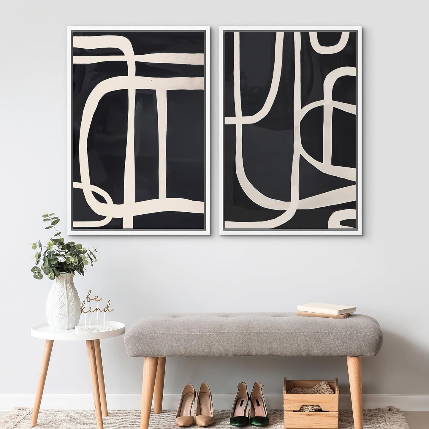 SIGNWIN Framed Canvas Print Wall Art Modern Graphic Black and White Curved Line Patterns Illustrations Modern Art Decorative Contemporary for Living Room, Bedroom, Office - 24"x36"x2 White