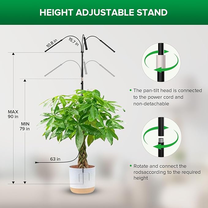 SANSI Plant Grow Light, 45W Grow Lights for Indoor Plants, High PPFD Full Spectrum, 4/8/12H Timer, 4-Level Dimmable, 79"-90" Height Adjustable for Indoor Growing Large Tall Plants, Upgrade Prong