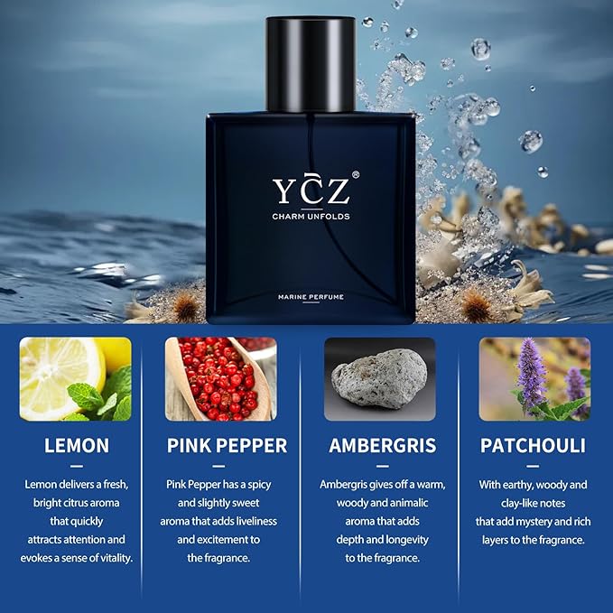 Ycz Charm Unfolds Marine Perfume for Men,1.7 oz.Long-Lasting Eau de Parfum Cologne for Men, Oriental Woody Fragrance Daily Use Men's Casual Cologne Smell Fresh All Day A Gift for Any Occasion