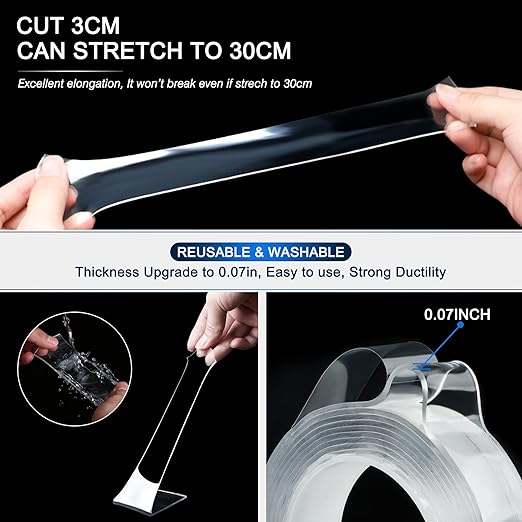 Double-Sided Tape Heavy Duty 9.84 FT x 1.18 in – Clear Removable Mounting Tape for Walls, Carpet, Rugs, Posters – Reusable, No-Residue, Indoor/Outdoor Nano Gel Grip