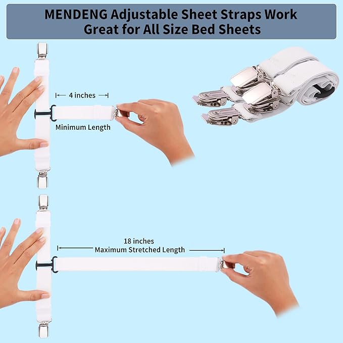 MENDENG Bed Sheet Straps Queen Fitted Sheet Straps Sheet Holders for Corners King Size Mattress Straps Suspenders Gripper White 4P