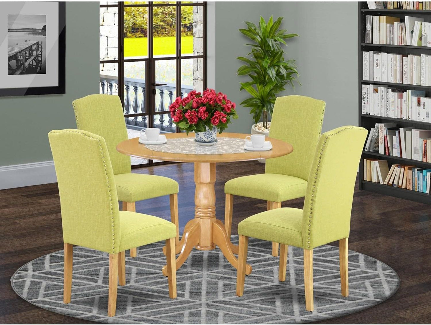 East West Furniture DLEN5-OAK-07 5 Piece Kitchen Table & Chairs Set Includes a Round Dining Table with Dropleaf and 4 Limelight Linen Fabric Parson Dining Chairs, 42x42 Inch, Oak