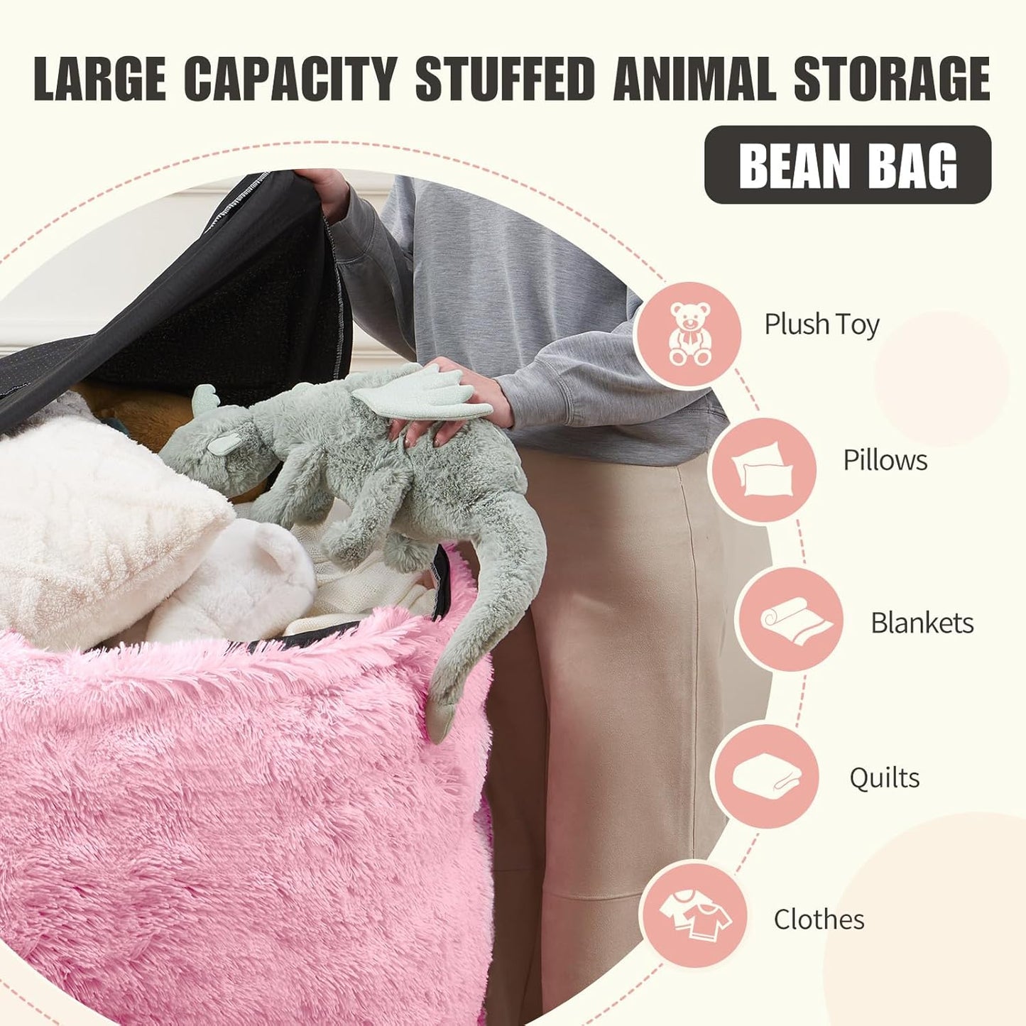 Fluffy Bean Bag for Stuffed Animals Storage, Faux Fur Washable Bean Bag Chair Cover(No Filler) for Textile Plush Toys, Beanbag Chair Cover for Adults Kids Teens, 5FT, Pink