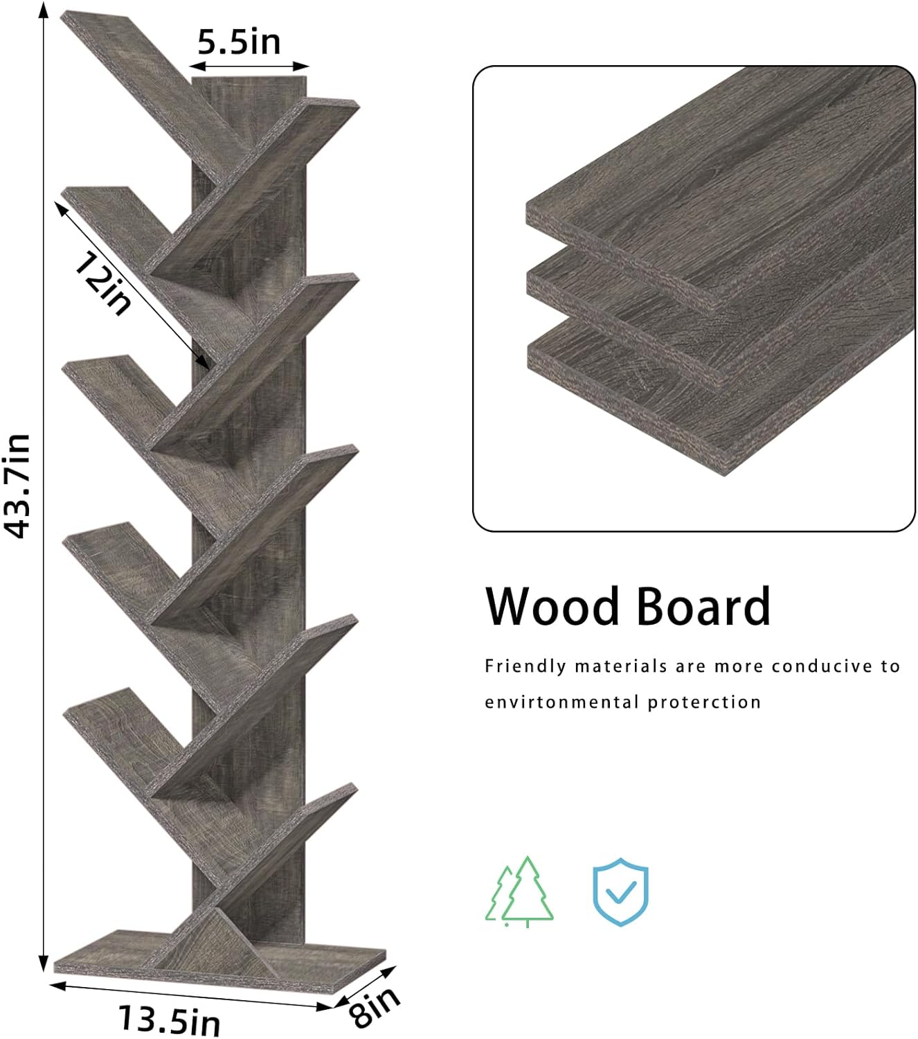 10 Tier Tree Book Shelf, Floor Standing Wood Bookshelf for Narrow Space, Storage Organizer Bookshelves for Books/CDs/Magazine, Bookcase with Shelves for Home Office, Living Room - Light Grey
