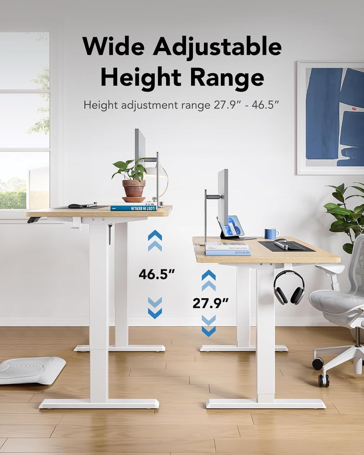 HUANUO 55" x 24" Electric Standing Desk Adjustable Height, 4 Memory Height Settings, Headphone Hook, Cable Manager, Sit Stand Up Desk for Home Office & Computer Workstation, Natural