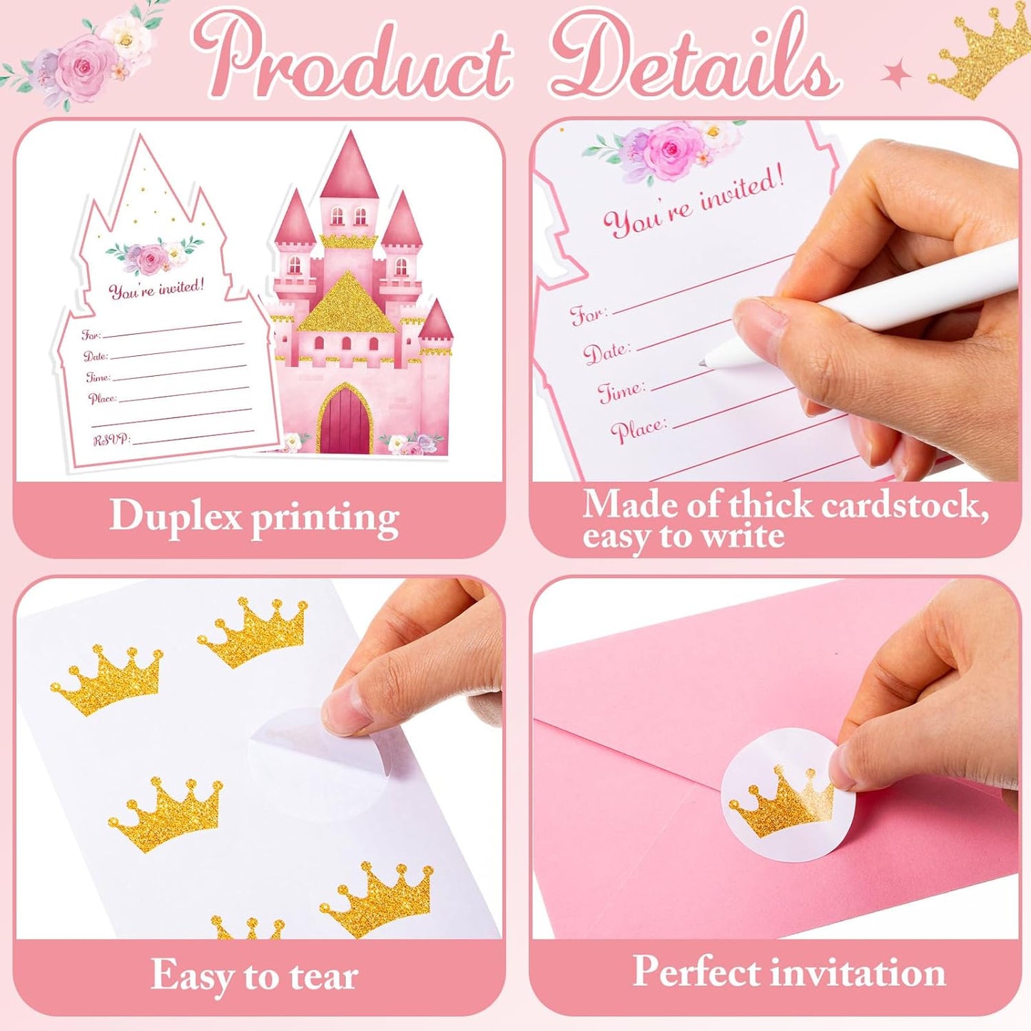 30 Sets Birthday Invitations with Envelopes Stickers Themed Invitations for Girl Boy Birthday Party Supplies Decoration (Pink Castles)