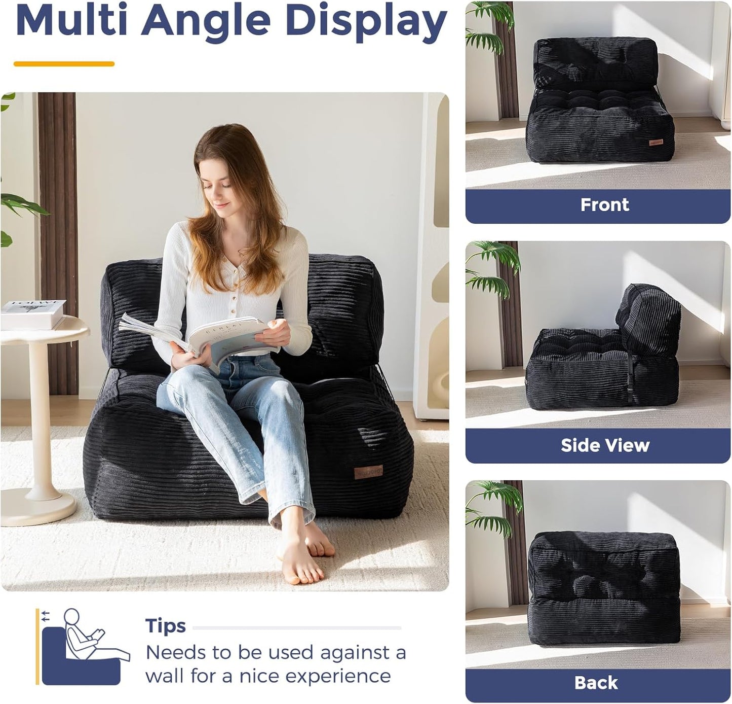 MAXYOYO Floor Sofa Bean Bag Sofa Couch, Comfy Floor Couch with Back Support, Portable Bean Bag with Filling, Corded Chair Seating for Living Room Bedroom Apartment, Black