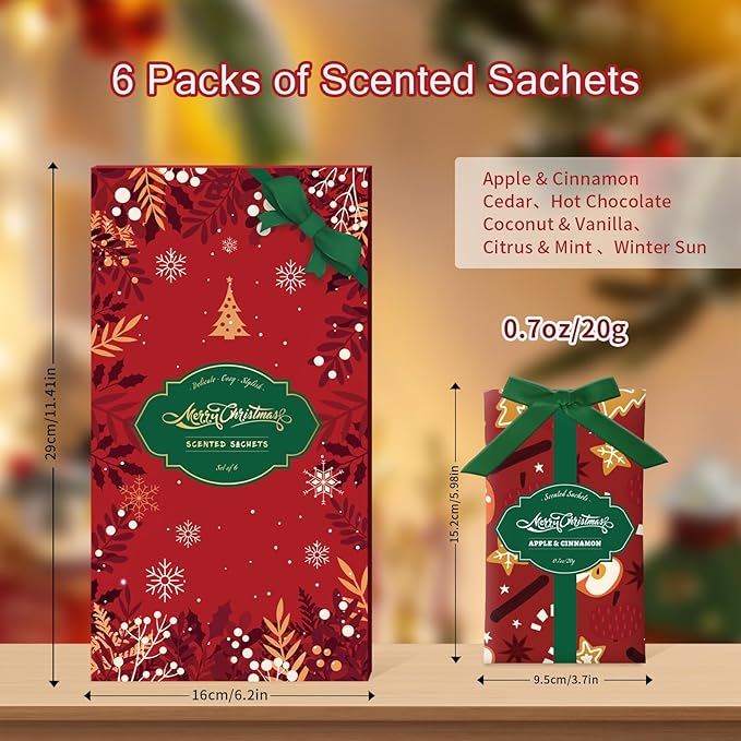 SCENTORINI Scented Sachets for Drawer and Closet, Christmas Long-Lasting Sachets Bags, Cedar, Apple Cinnamon, Coconut & Vanilla, Citrus & Mint, Winter Sun, Hot Chocolate