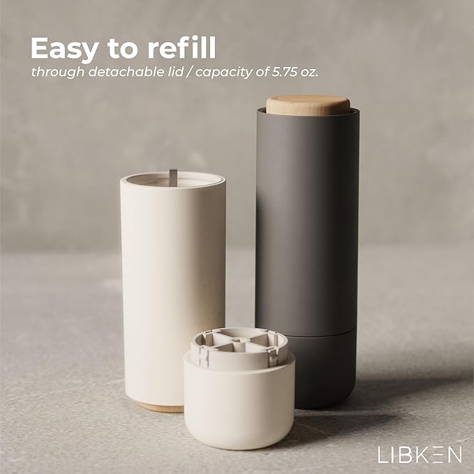 Non-Spill Salt and Pepper Grinder Set - Adjustable Ceramic Grinder - Minimalistic Spice Mill - Easy to Refill Condiments Dispenser - Wood & Soft-Coated Plastic - 6.2 x 2.2 inch (White & Grey)
