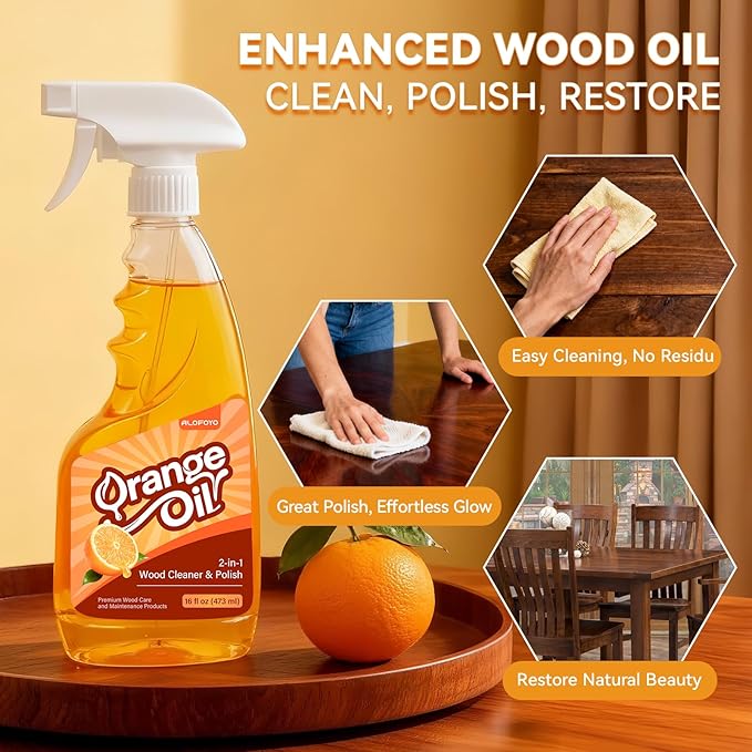 2-in-1 Wood Cleaner Furniture Polish - Natural Orange Oil Spray Protect Wood Surface Safely, Enhanced Furniture Restorer Finish Cabinets, Tables, Antique, Floor, 16oz Total