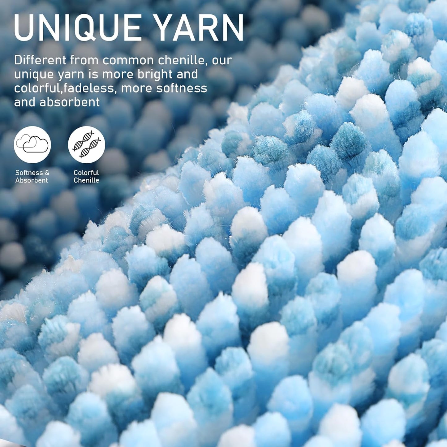Yimobra Luxury Chenille U-Shaped Toilet Rug, Super Soft Shaggy Contour Bath Mat for Bathroom Floor, Fluffy, Water Absorbent, Non Slip, Machine Washable, Dry Quickly, 24''x 20'', Blue & Light Blue