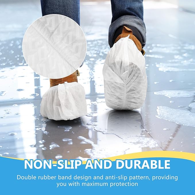 squish Shoe Covers Disposable Non Slip, 100 Pack(50 pairs) White Thick Extra Disposable Boot Covers Slip Proof Shoe Cover for Indoors Outdoors Durable Protector Covers Fits Virtually Most Shoes