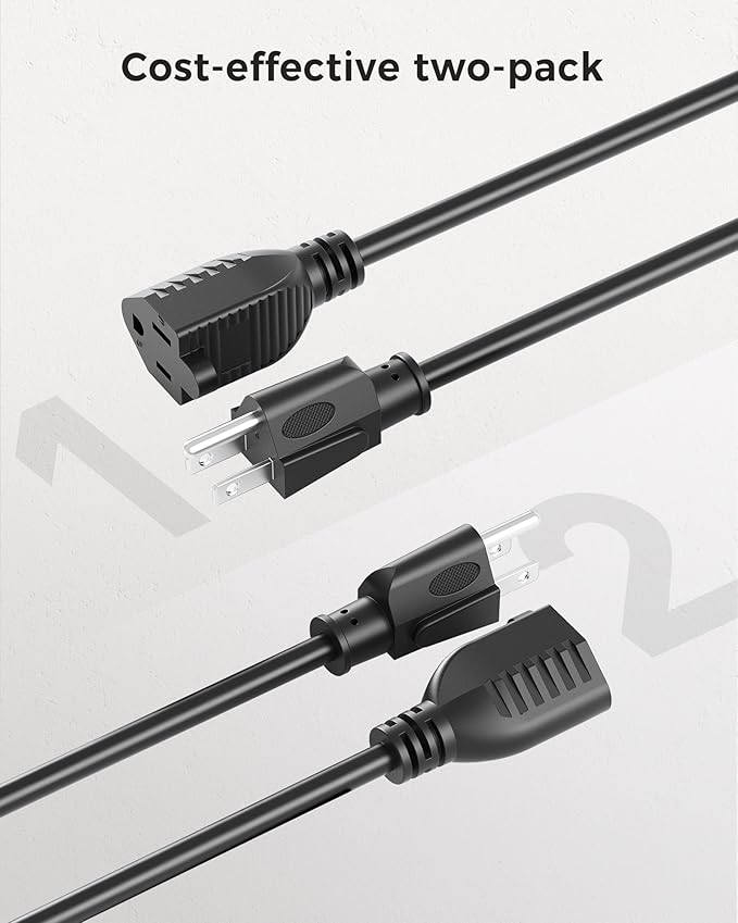 [UL Listed] Cable Matters 2-Pack 16 AWG Heavy Duty 13A Power Extension Cord - 10ft, 3 Prong Power Cord Extension, NEMA 5-15P to NEMA 5-15R, Black