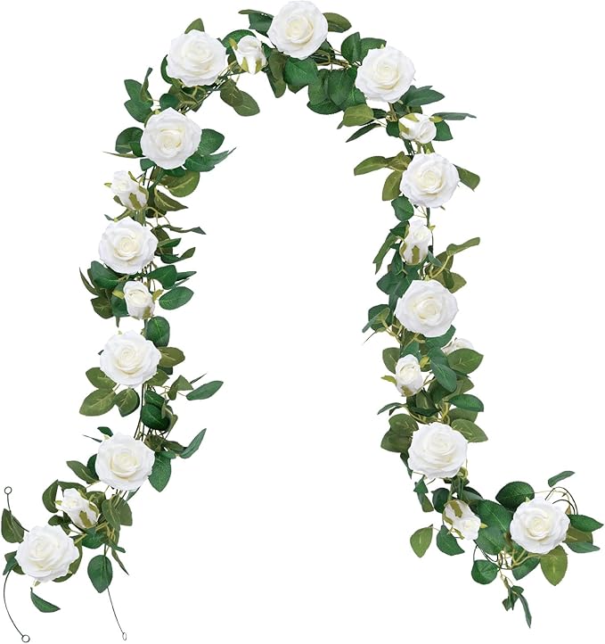 U'Artlines 5 Pack Artificial White Rose Vines Floral Garlands Total 32.5 Ft Fake Vine Silk Flower Garland for Indoor Outdoor Home Wedding Arch Garden Wall Decoration