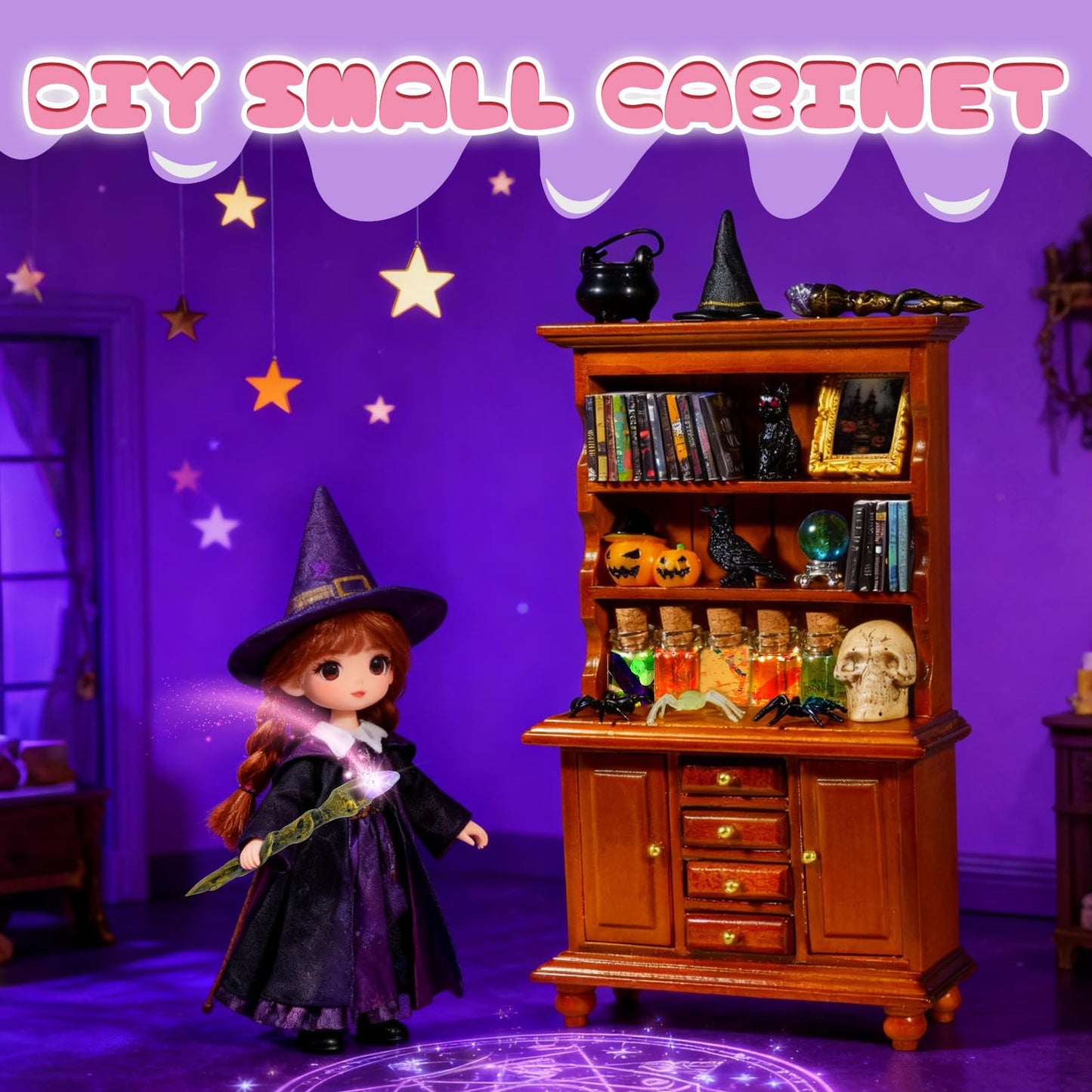 Rileryan 53 Pcs 1:12 Scale Magic Witchy Mini House Kit Halloween Miniatures Accessories Wooden Furnitures Bookshelf Bookcase 30 Mini Books Halloween Decoration
