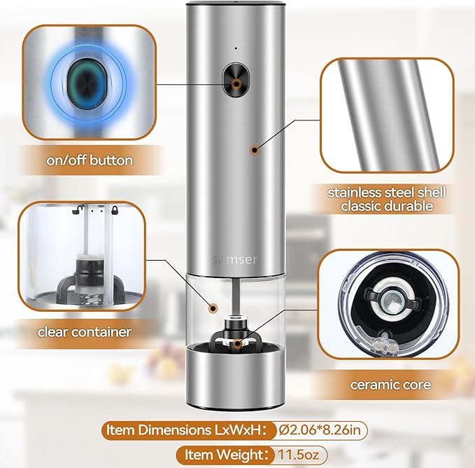 Stainless Steel Electric Pepper Grinder & Salt Mill Set - Battery Operated One-Hand Operation Adjustable Coarseness LED Light Transparent Container Easy Refill & Clean Push-Button Switch (2 Pack)