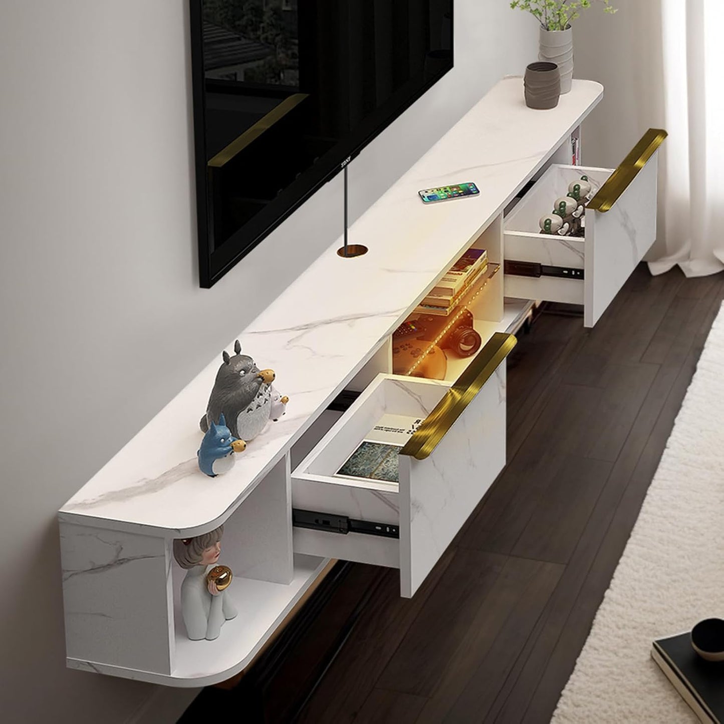 Pmnianhua LED Floating TV Stand with 2 Drawers,78'' Floating TV Shelf with LED Lights,Wall Mounted Media Console,Floating Entertainment Center with Storage for Bedroom Playroom Living Room(White)