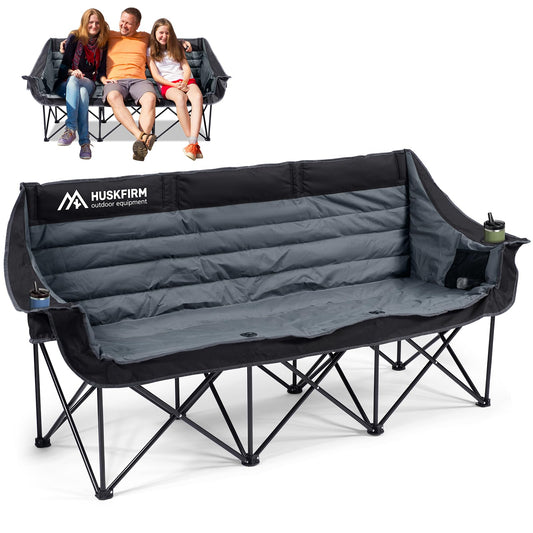 Huskfirm 3 Person Camping Chairs Folding Double Camping Chair Portable Oversized Loveseat Padded Camp Chair Heavy Duty Camping Couch for Adults Outdoor Lawn with Two Cup Holders and Carry Bag