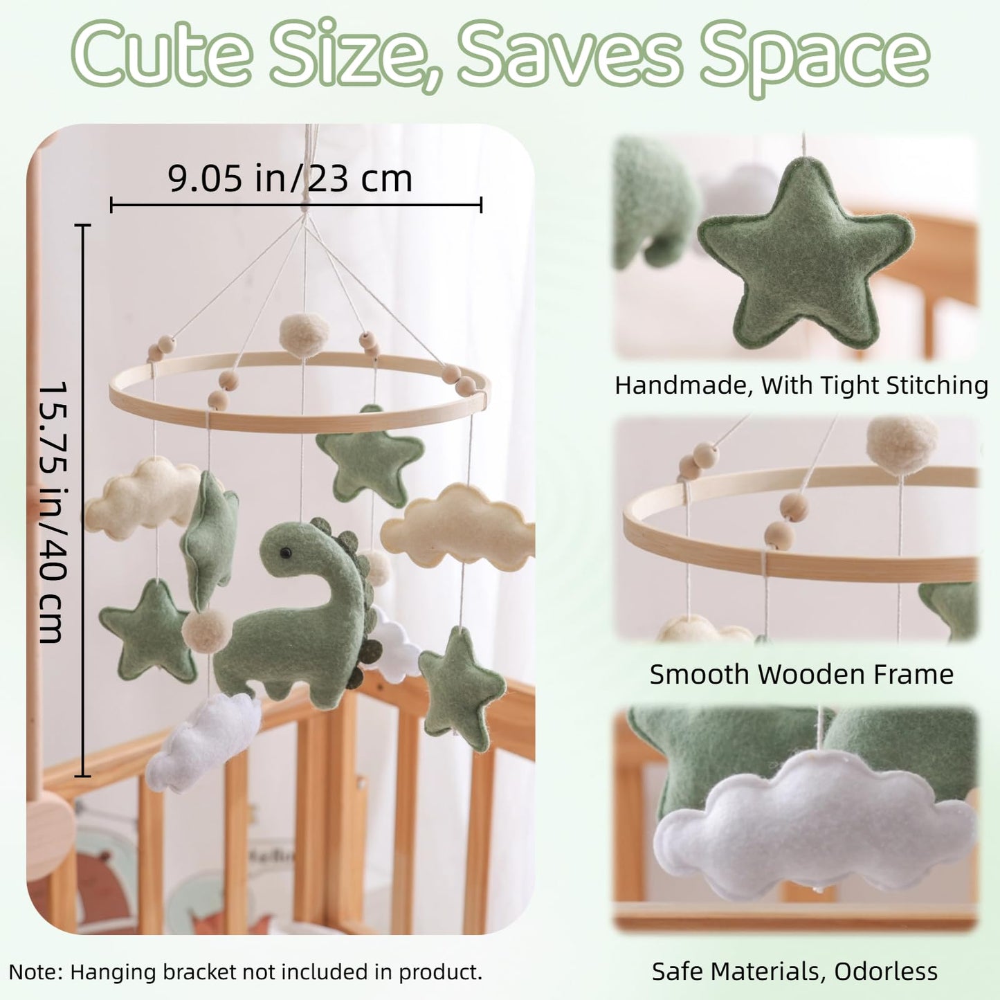 Soft Green Dinosaur Theme Baby Mobile for Crib, Simple Crib Bell for Boys and Girls,Handmade Felt Clouds Nursery Ceiling Decoration,Easy to Install Cotton Animal Charms for Bassinet