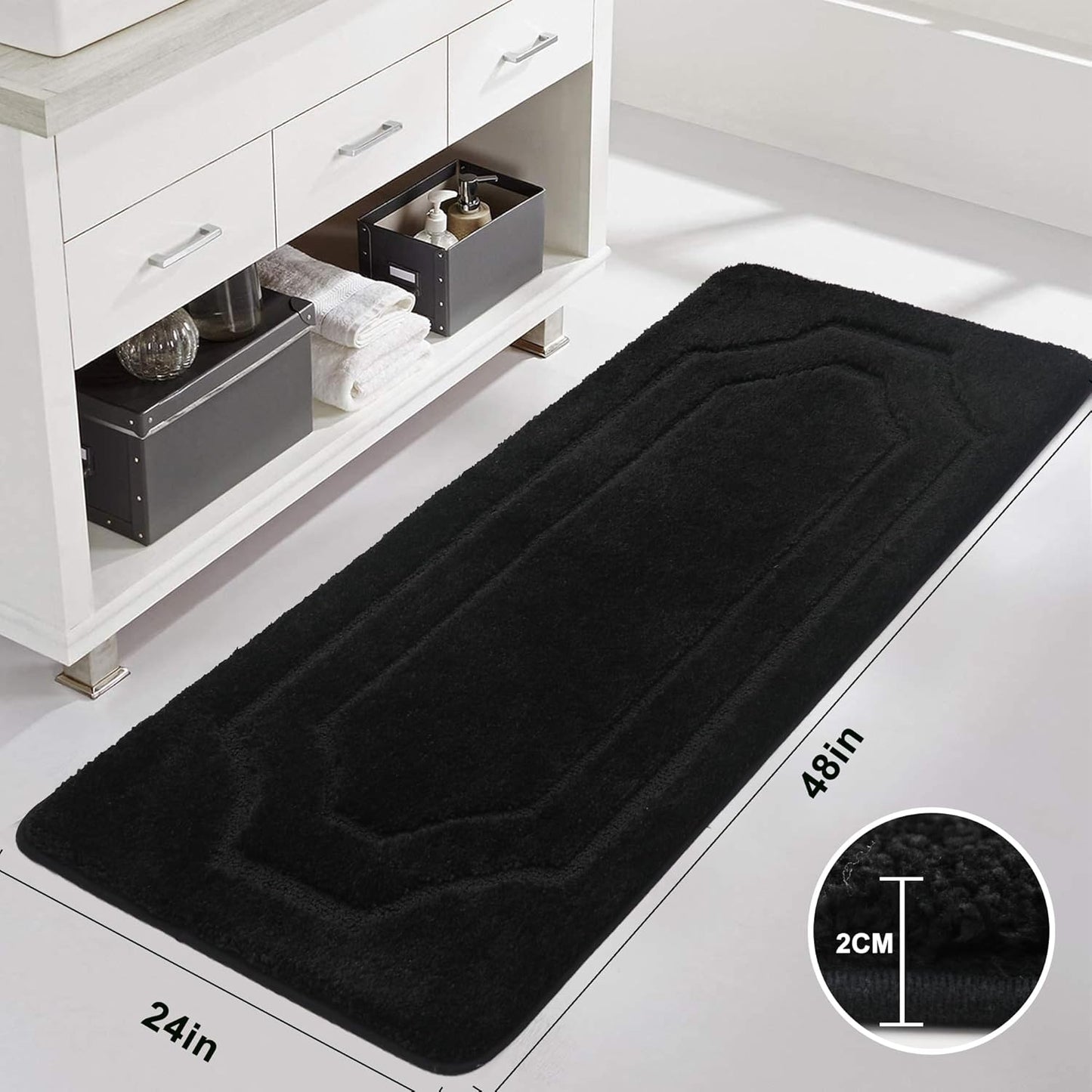 BEQHAUSE Non-Slip Bath Mat - Soft, Absorbent Polyester Microfiber Black Shaggy Shower Mat for Bathtub and Sink, 24" x 48'