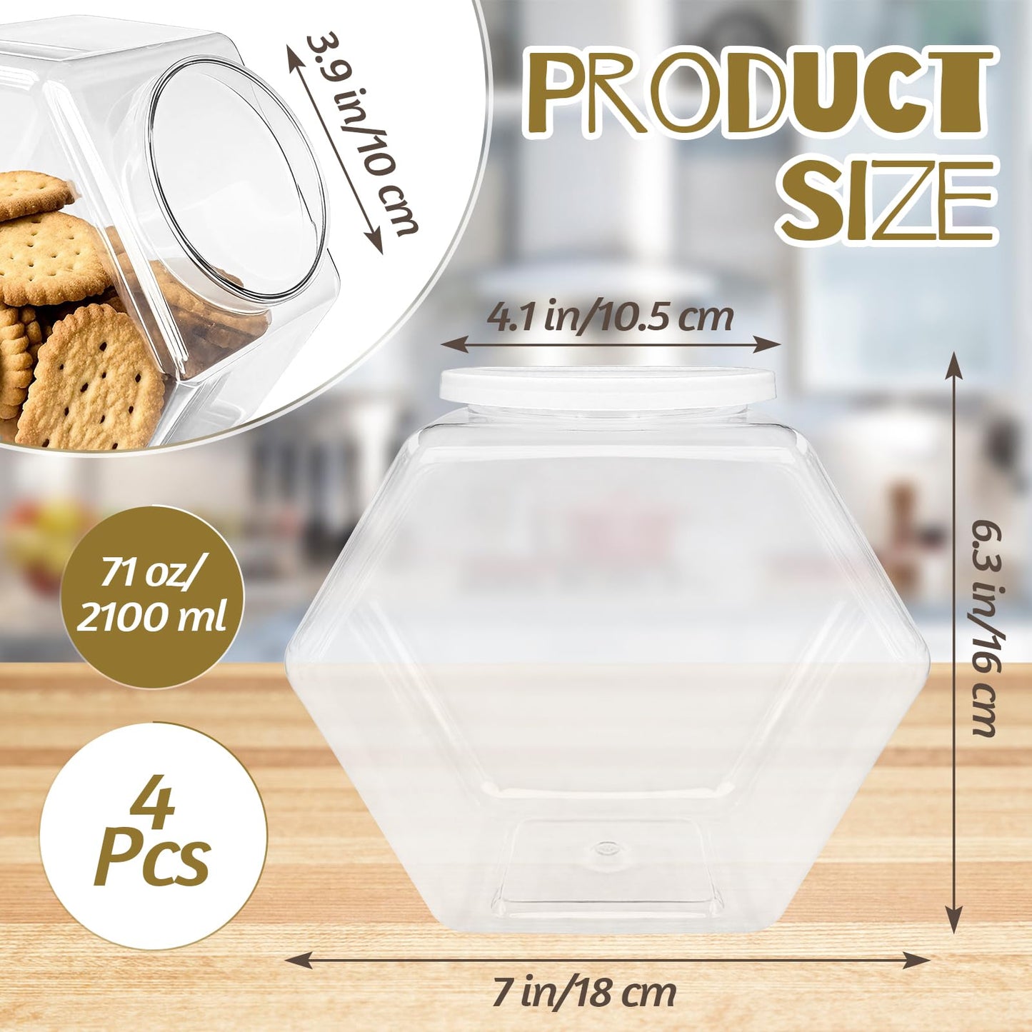 Woozettn 4 Pcs Plastic Candy Jars,71 Oz Clear Plastic Cookie Jars,Hexagonal Candy Containers with Lids for Kitchen,Dry Food,Candy,Dog Food,Cookies,Coffee Pod,Laundry Pod