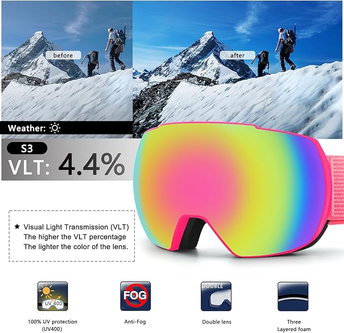 OULAIQI OTG Ski Goggles UV400 Anti-Fog Snowboard Glasses for Men Women Youth- Perfect for Skiing, Snowboarding,Winter Sports